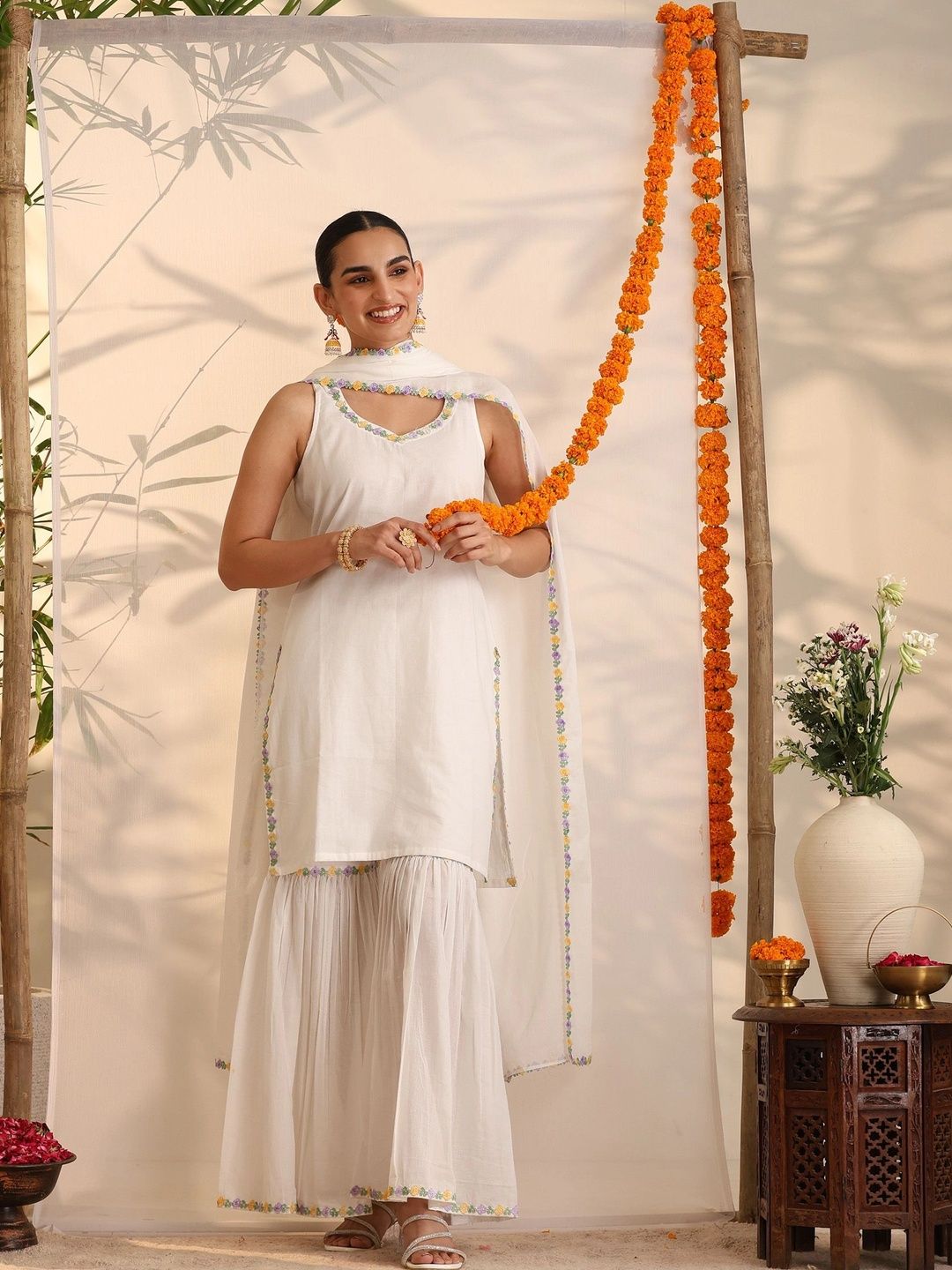 Women Ethnic Motifs Embroidered Regular Thread Work Pure Cotton Kurta with Sharara & With Dupatta
