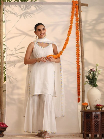 Women Ethnic Motifs Embroidered Regular Thread Work Pure Cotton Kurta with Sharara & With Dupatta