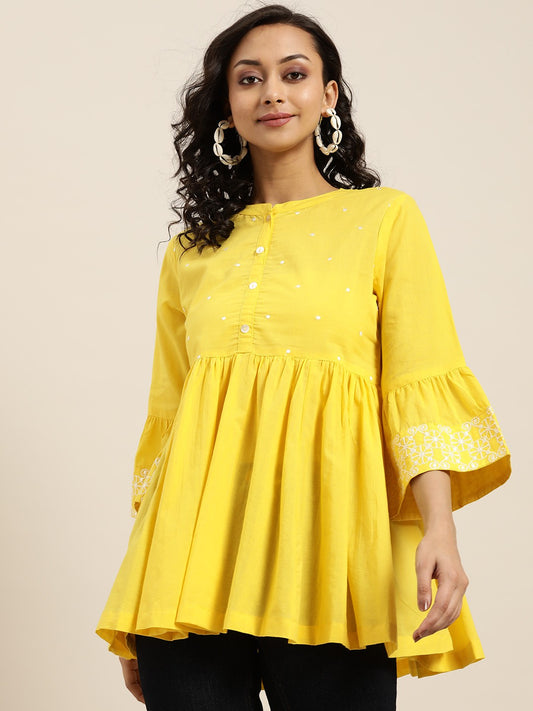 Women Yellow Mandarin Collar Bell Sleeves Pure Cotton Top