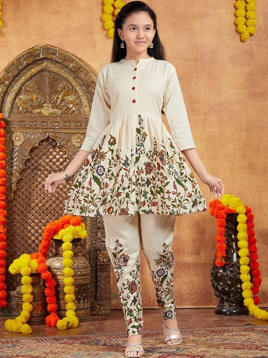 Girls Floral Printed Empire Pure Cotton Kurti with Trousers