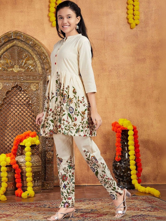 Girls Floral Printed Empire Pure Cotton Kurti with Trousers