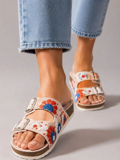 Women Embellished Open Toe Flats with Embroidered