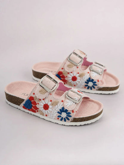Women Embellished Open Toe Flats with Embroidered