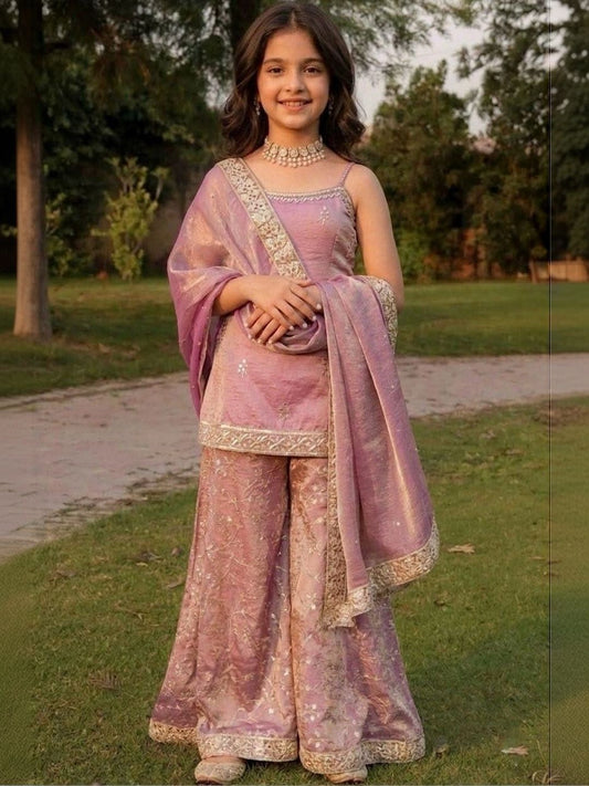 Girls Ethnic Motifs Embroidered Regular Thread Work Kurta with Sharara & With Dupatta