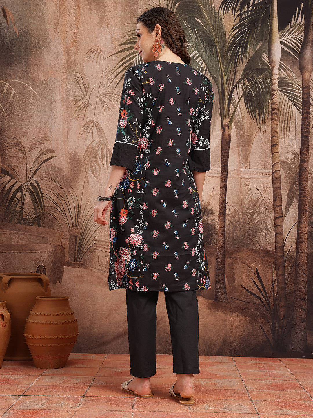 Women Floral Printed Detail Pure Cotton Kurta with Trousers - Amy's Cart