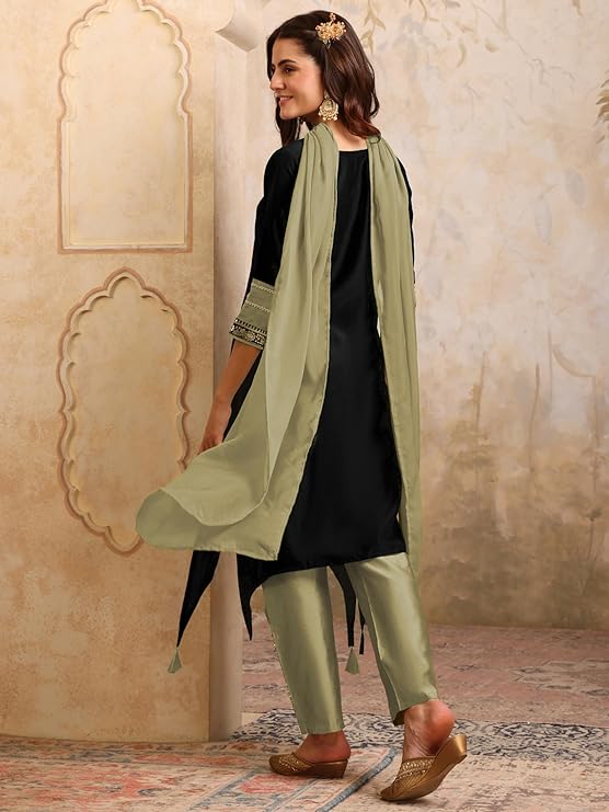 Women's Cotton Silk Embroidered Asymmetric Kurta Pant with Choker Dupatta Set