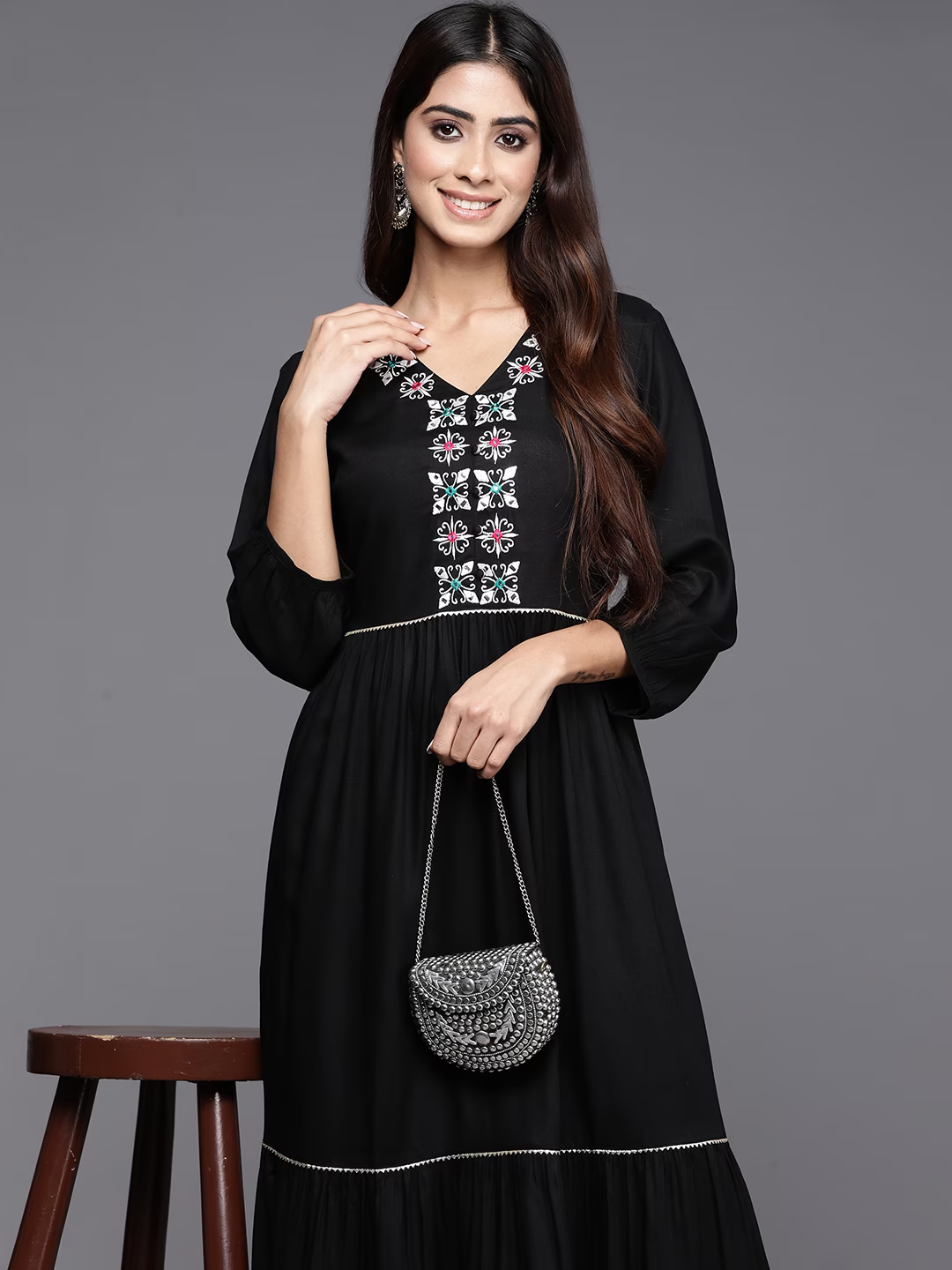 Ethnic Motifs Embroidered Puff Sleeve A-Line Ethnic Dress
