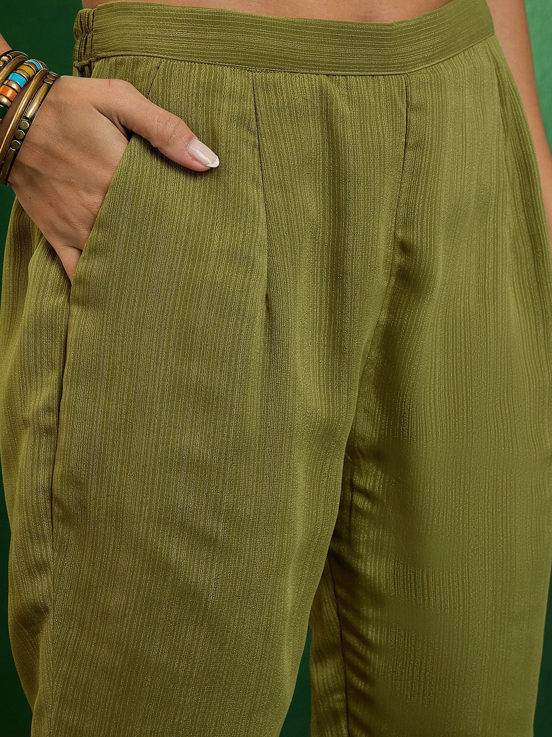 Embroidered V-Neck Kurta With Trousers & Dupatta