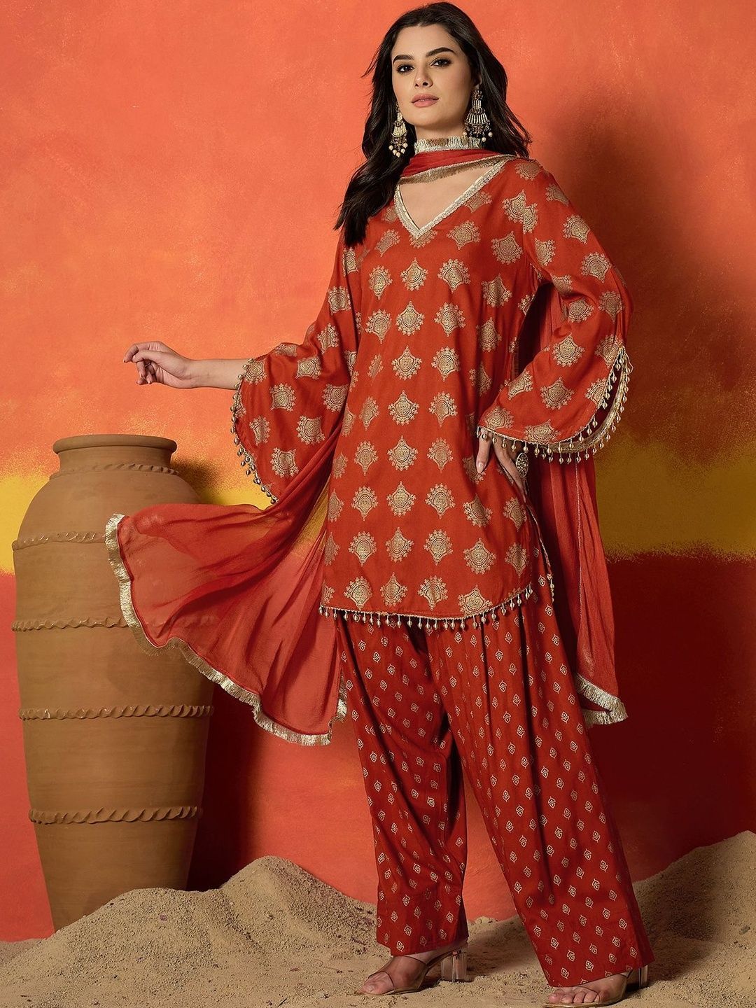 Women Rust Gold Printed Rayon A-Line Kurti Farshi Salwar With Dupatta Set