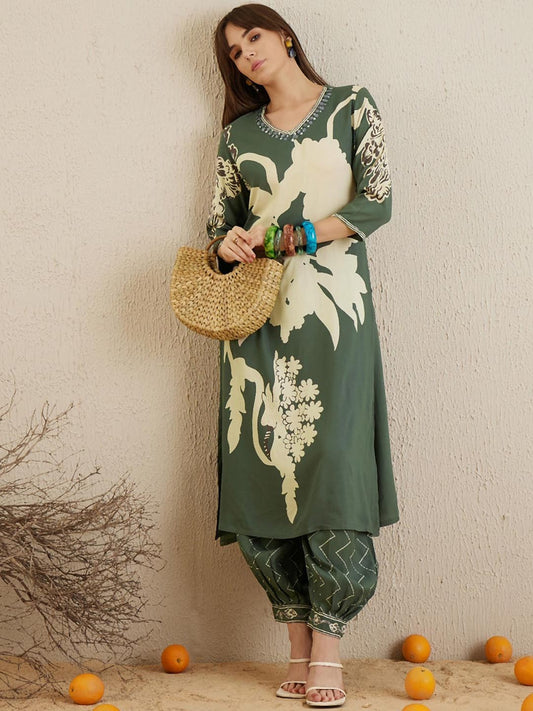 Floral Printed V-Neck Sequinned Straight Kurta with Salwar