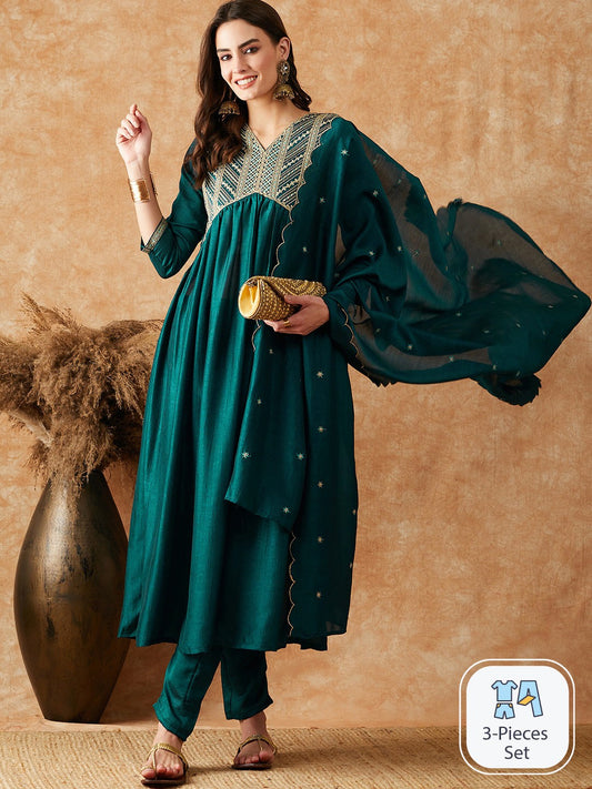 Embroidered V-Neck Sequined Kurta With Trouser & Dupatta