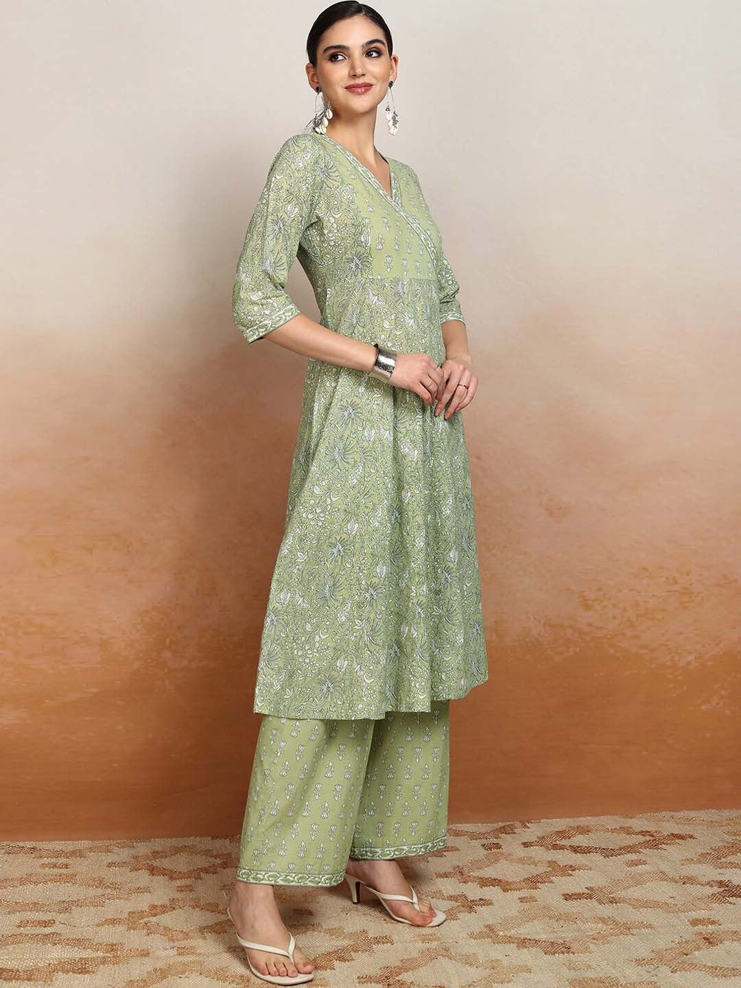 Women Floral Printed Angrakha Pure Cotton Kurta with Palazzos & With Dupatta