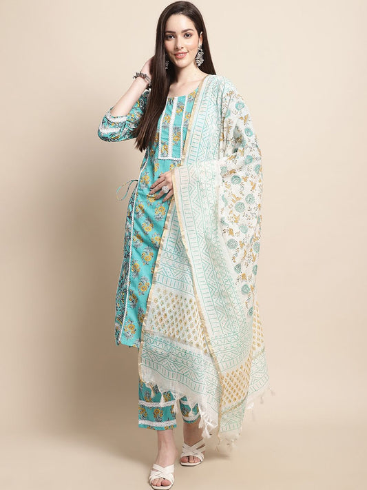 Blue & Gold Ethnic Motifs Printed Pure Cotton Kurta With Trouser & Dupatta