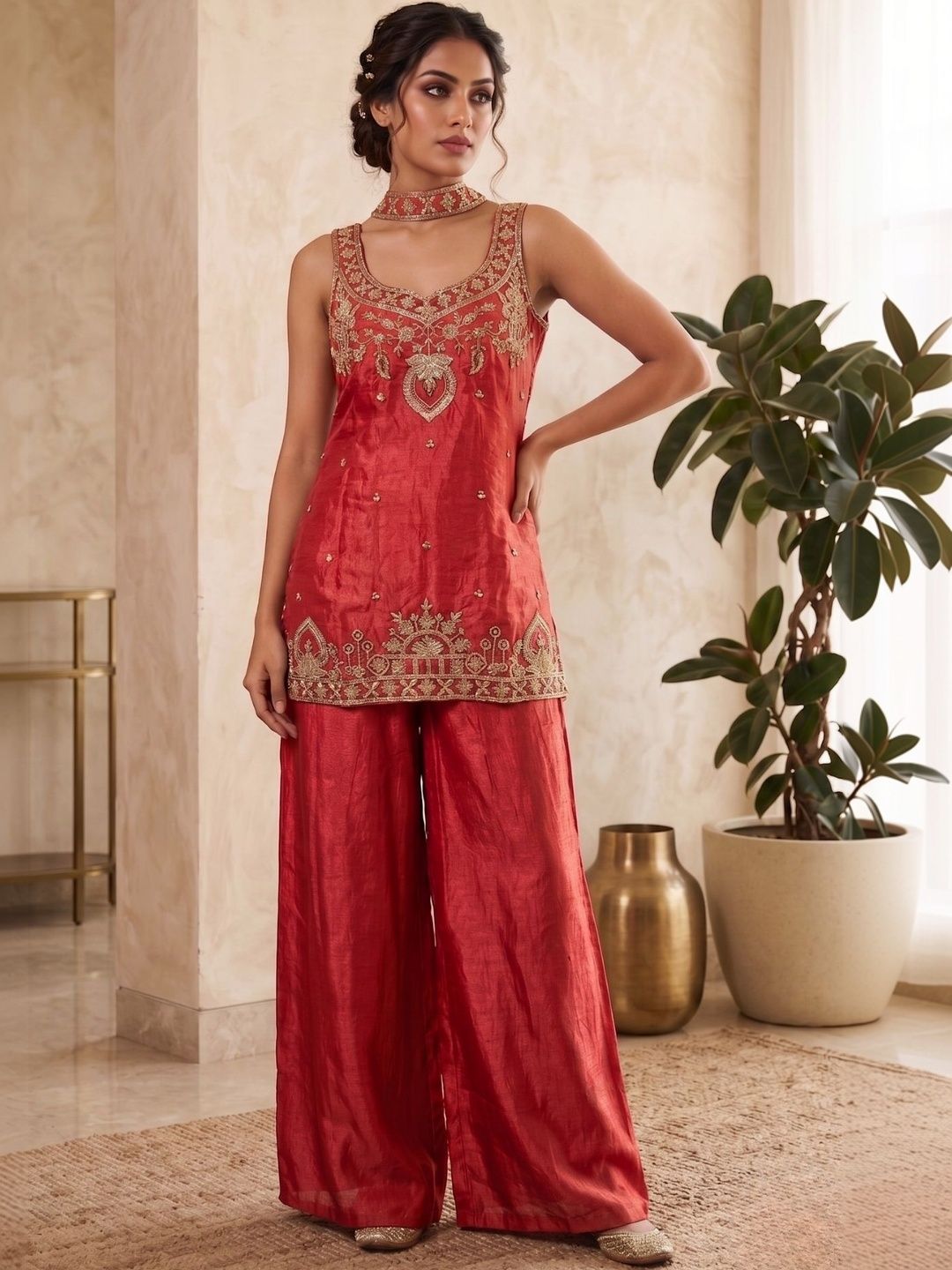 Women Ethnic Motifs Embroidered Regular Thread Work Raw Silk Kurta with Palazzos & With Dupatta