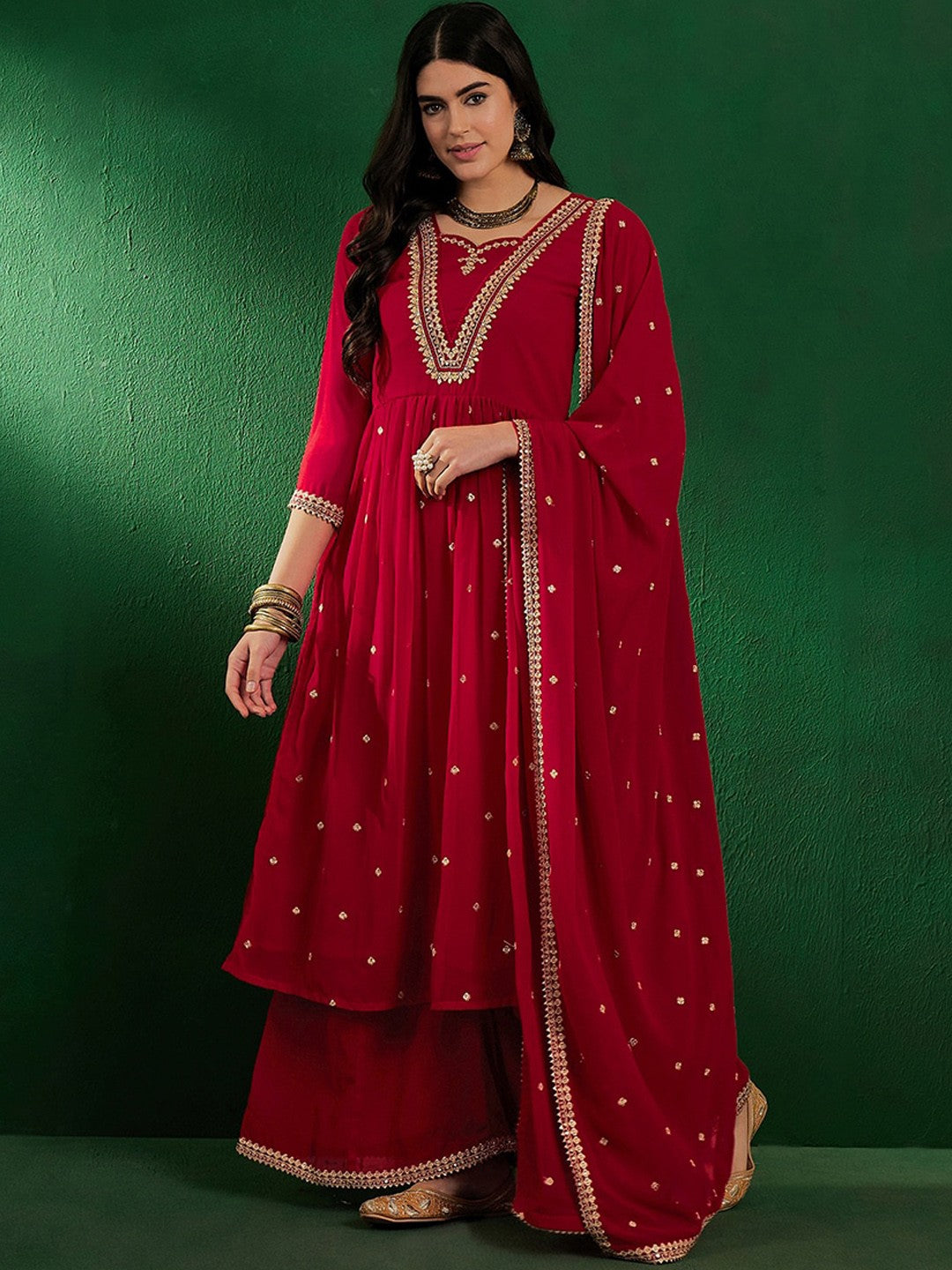 Embroidered Zari Sequined A-Line Georgette Kurta With Palazzo & Dupatta