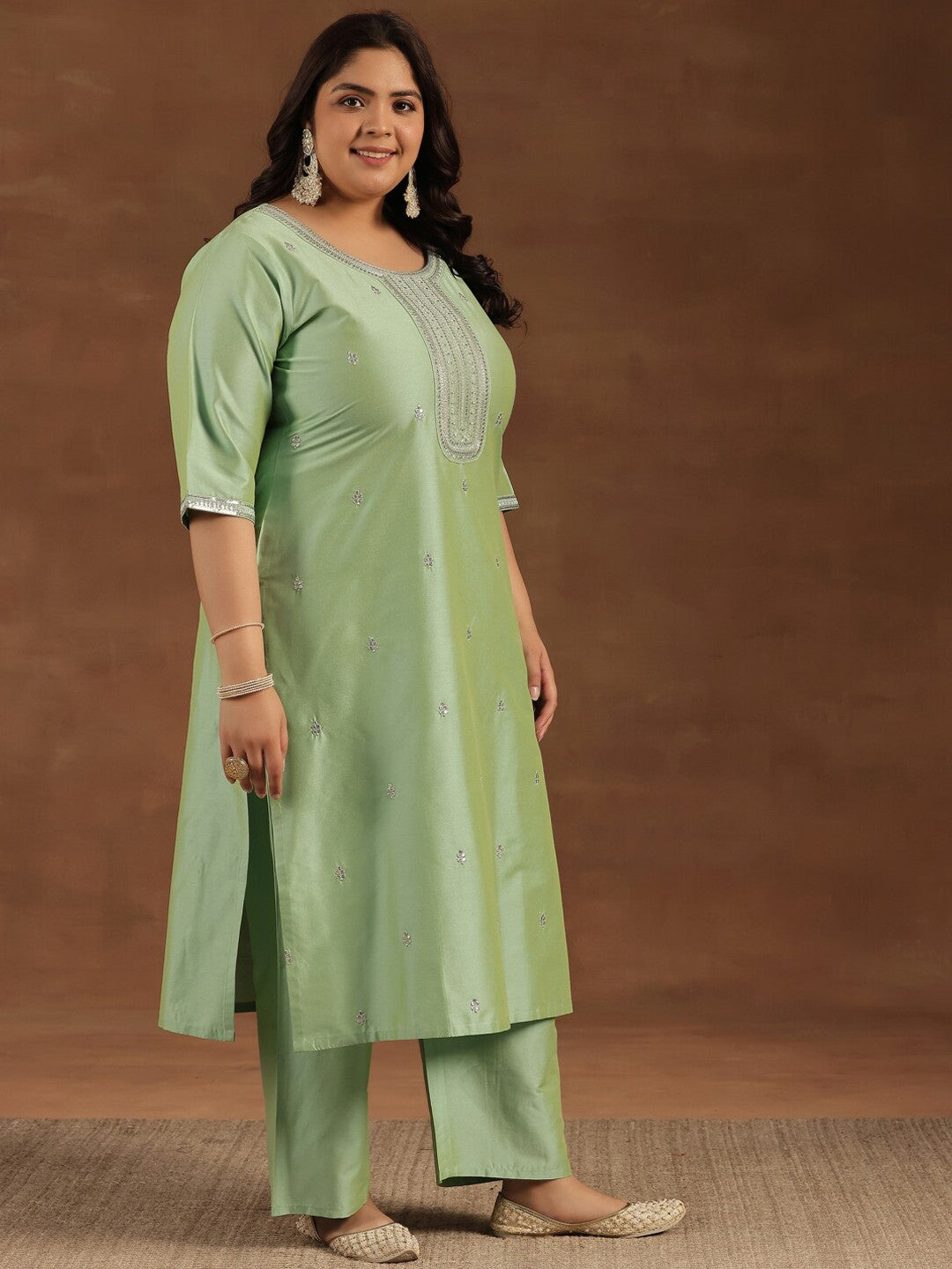 Plus Size Floral Embroidered Sequinned Kurta ,Palazzos & Dupatta