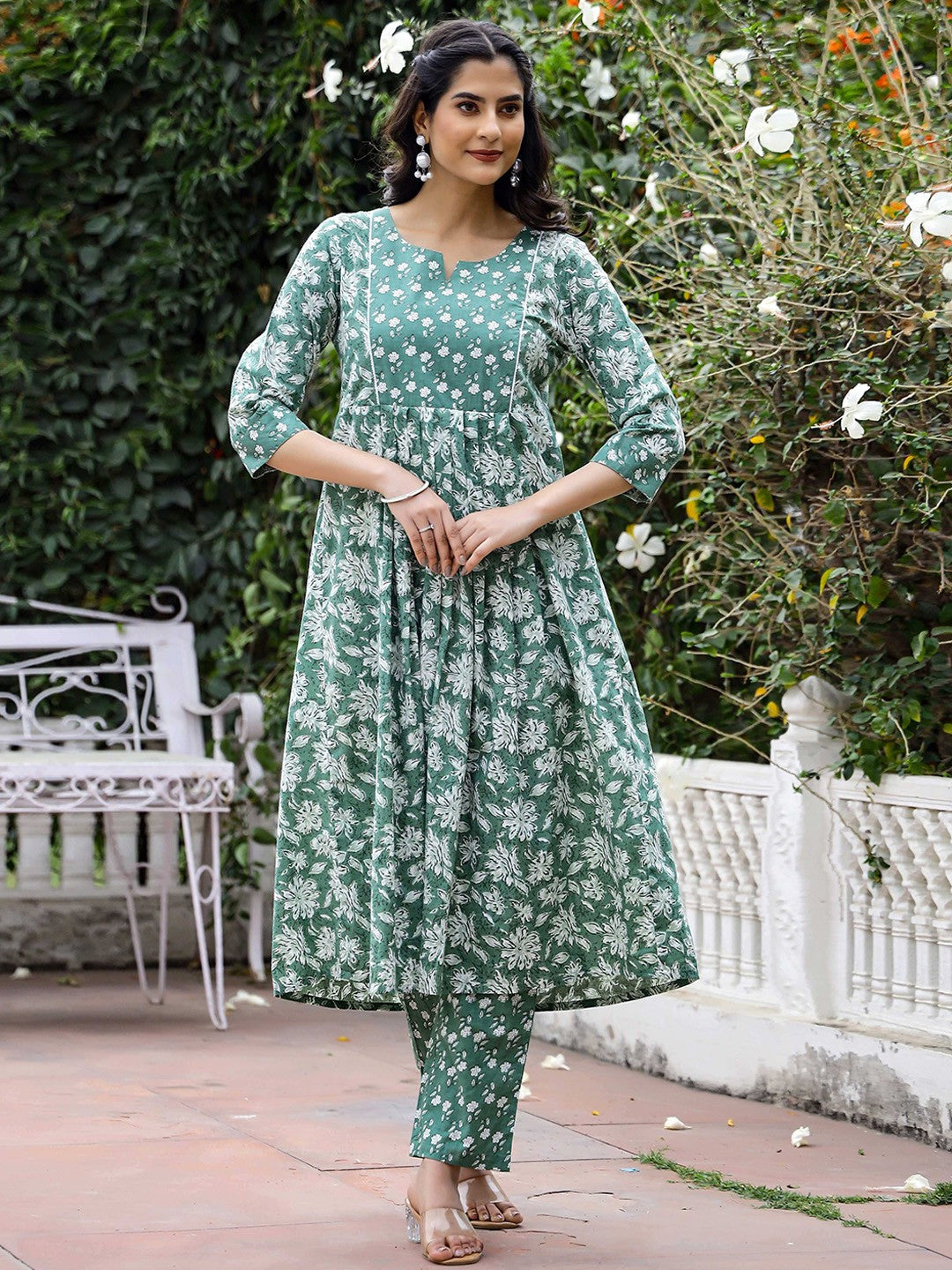 Women Floral Printed Angrakha Pure Cotton Kurta with Trousers