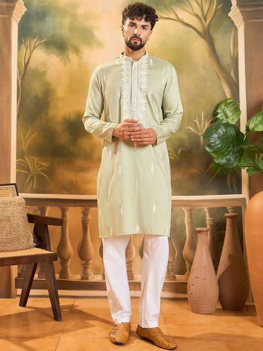 Floral Embroidered Mandarin Collar Thread Work Straight Kurta & Trousers