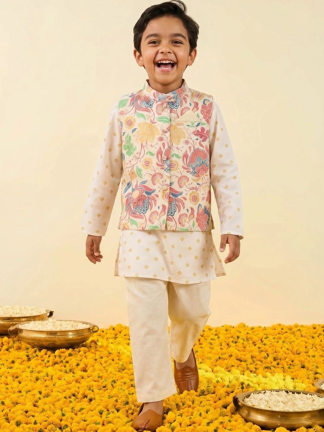 Boys Floral Printed Pure Cotton Straight Kurta With Churidar & Nehru jacket Set