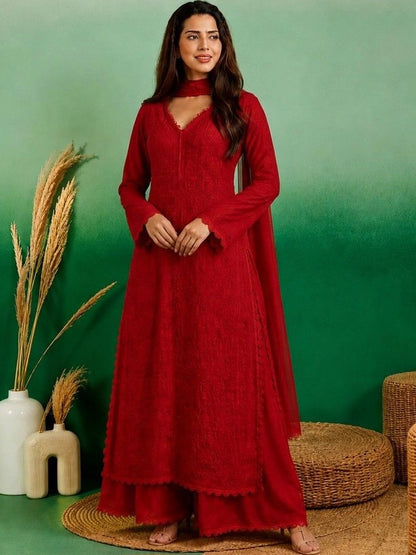 Women Ethnic Motifs Embroidered Regular Chikankari Kurta with Palazzos & With Dupatta
