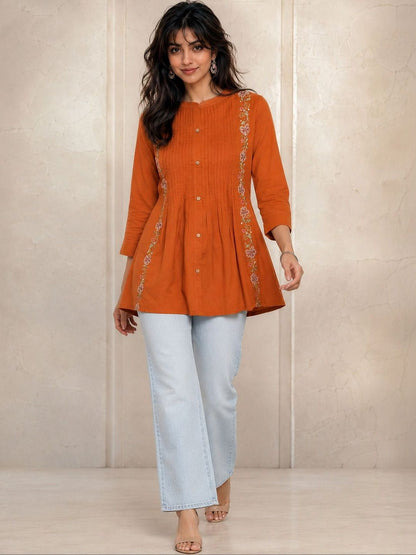 Women Mandarin Collar Embroidered Tunic