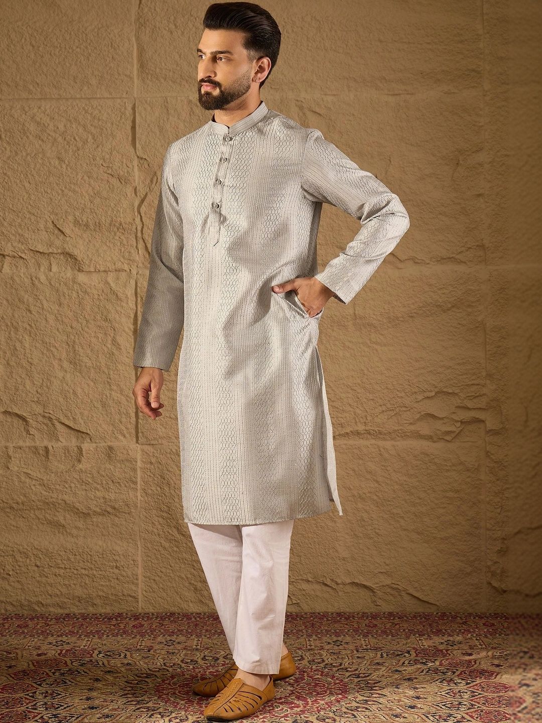 Men Woven Design Mandarin Collar Kurta (Top only)