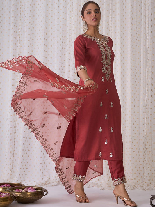 Ethnic Motifs Embroidered Notched Neck Straight Kurta with Trousers & Dupatta