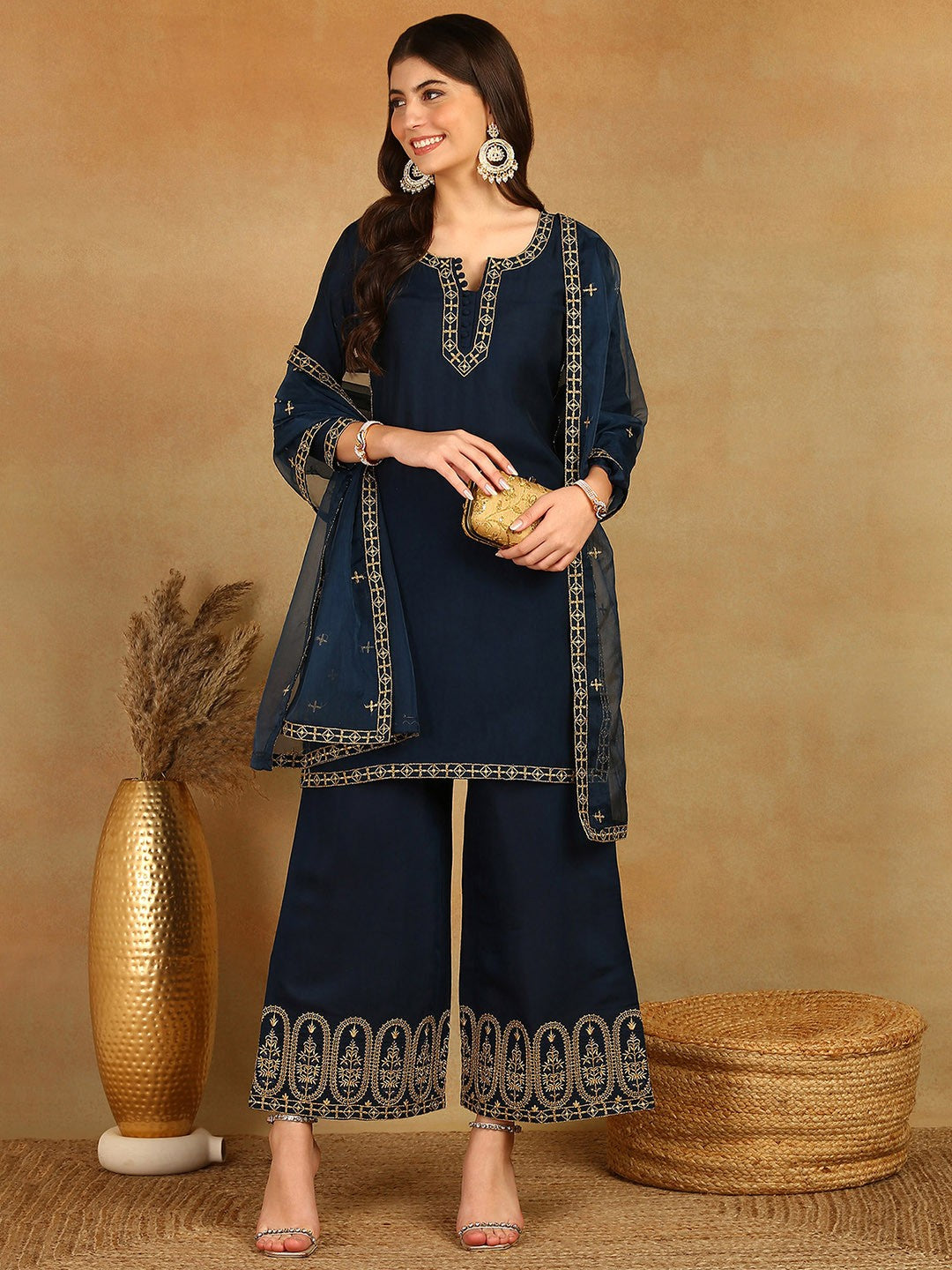 Blue Yoke Design Straight Kurta with Trousers & Dupatta