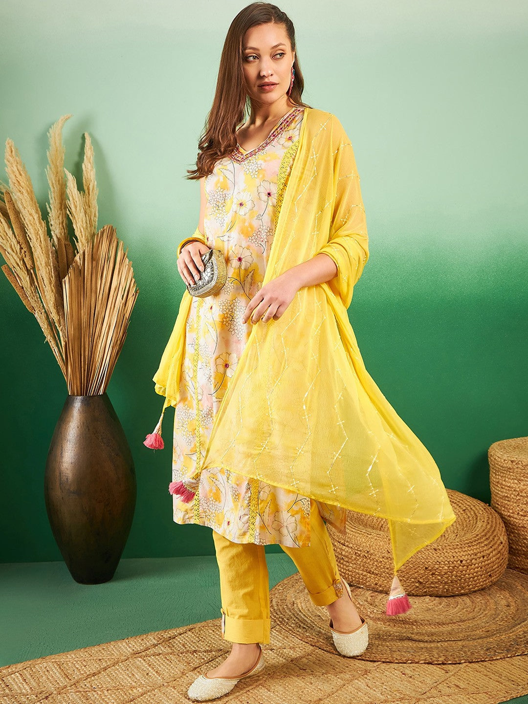 Floral Printed Pure Cotton V-Neck Kurta With Trousers & Dupatta