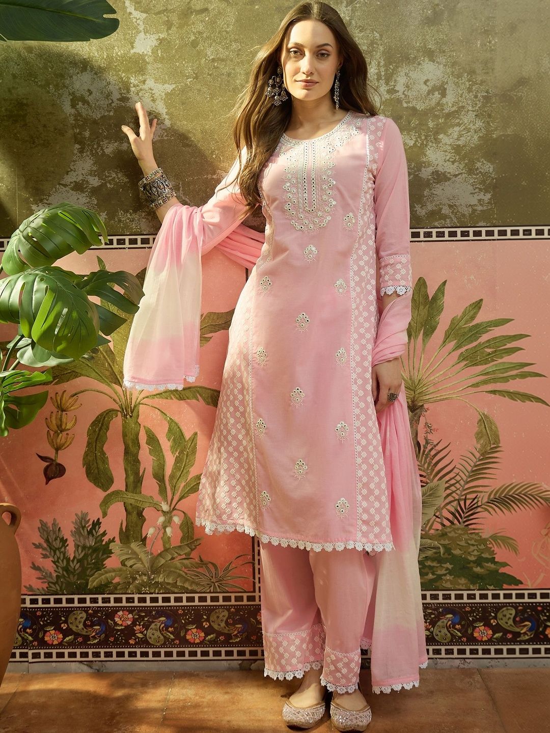 Embroidered Pure Cotton Round Neck Kurta & Palazzos With Dupatta Kurta Set