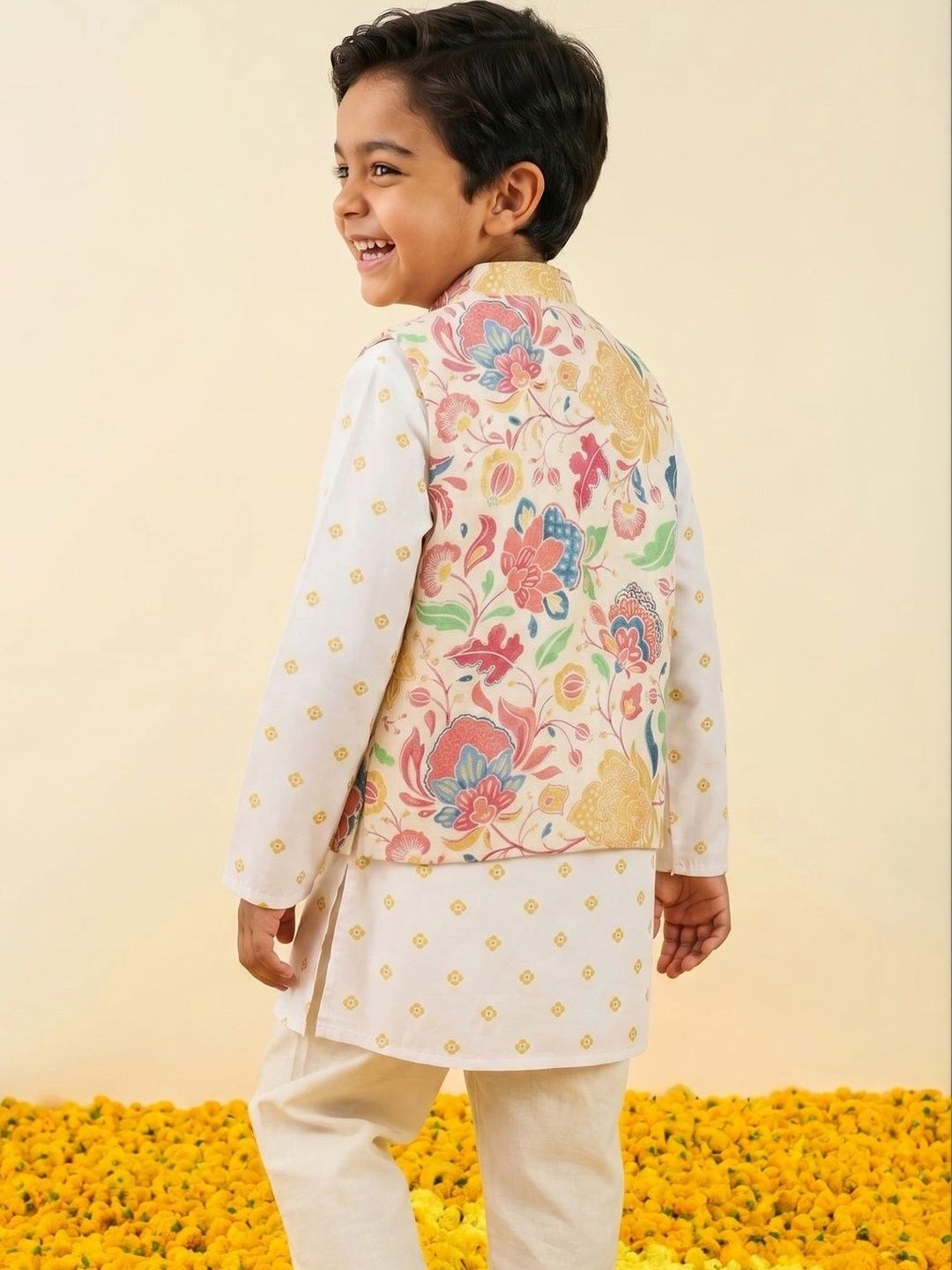 Boys Floral Printed Pure Cotton Straight Kurta With Churidar & Nehru jacket Set