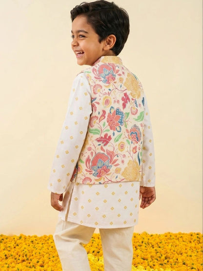 Boys Floral Printed Pure Cotton Straight Kurta With Churidar & Nehru jacket Set