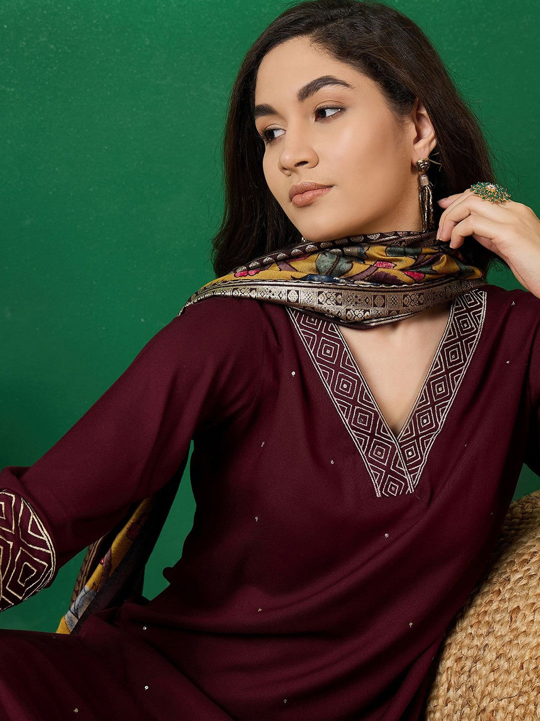 Embroidered Straight Kurta With Trouser & Dupatta Set