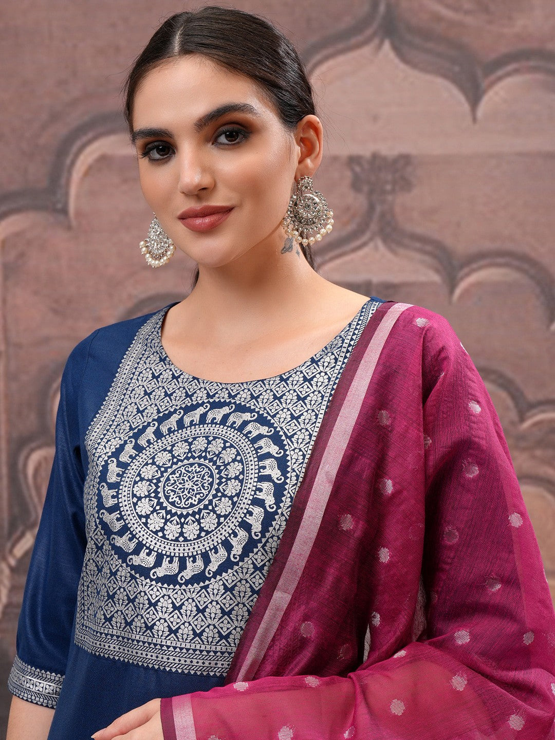 Teal Ethnic Motifs Yoke Design Straight Kurta with Palazzo & Dupatta