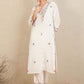 Floral Embroidered Thread Work Pure Cotton Straight Kurta With Trousers & Dupatta