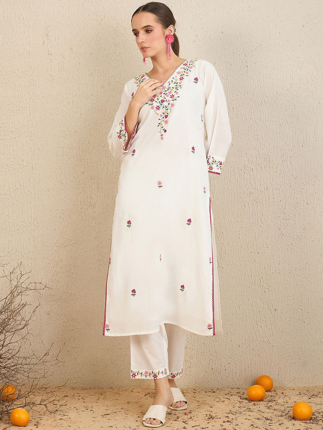 Floral Embroidered Thread Work Pure Cotton Straight Kurta With Trousers & Dupatta