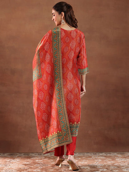 Women Bandhani Printed Kurta with Trousers & Dupatta