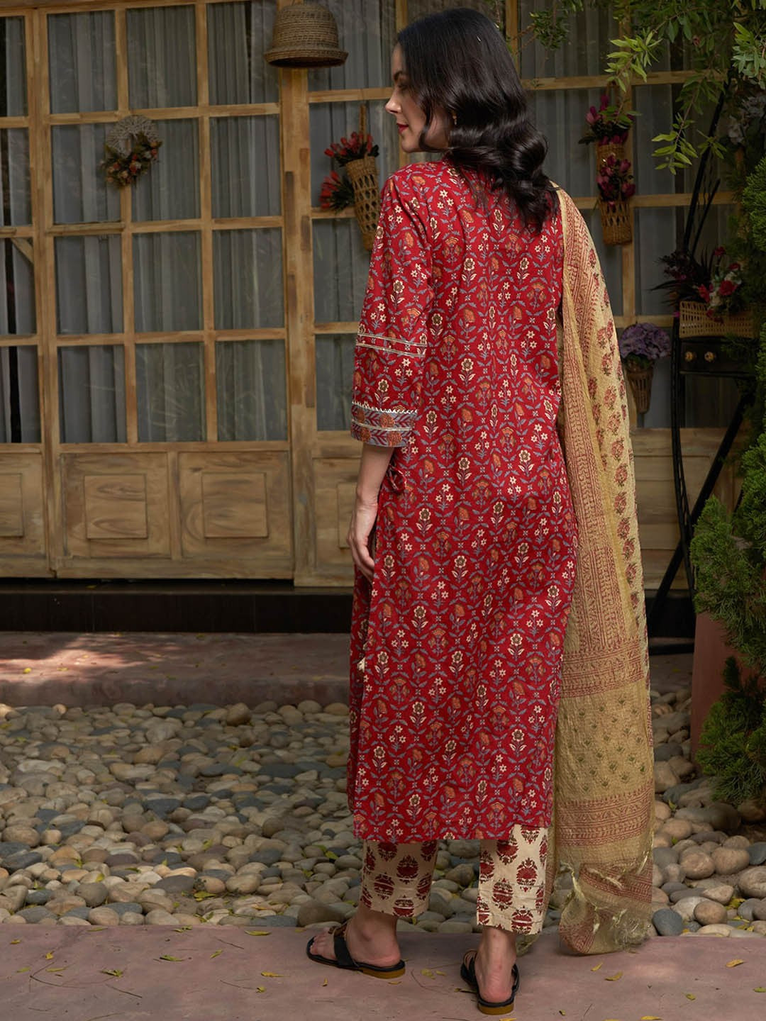 Maroon Floral Printed Angrakha Pure Cotton Kurta with Trousers & Dupatta