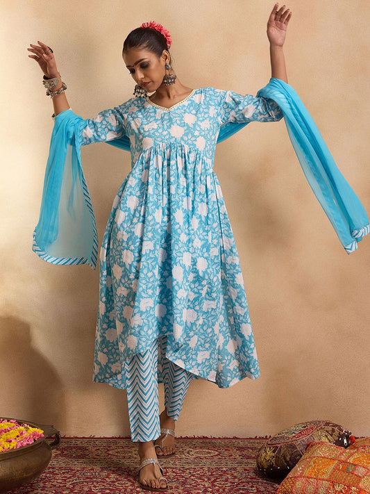 Women Floral Printed Empire Mirror Work Pure Cotton Kurta with Trousers & With Dupatta