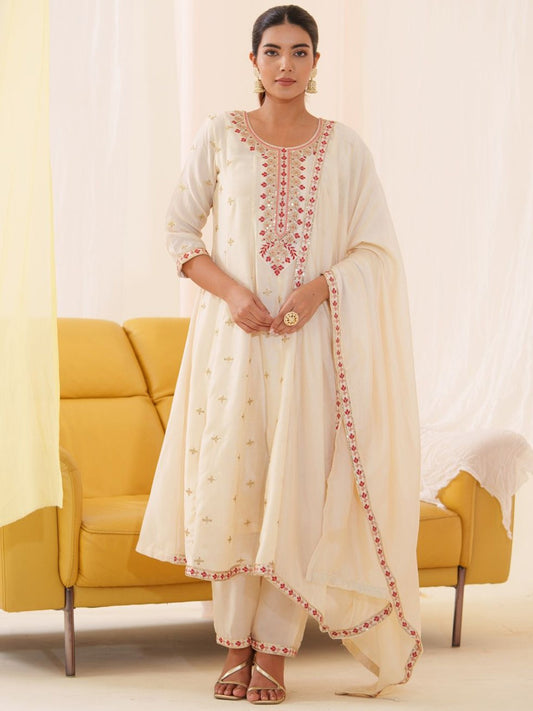 Floral Embroidered A Line Kurta With Trousers & Dupatta