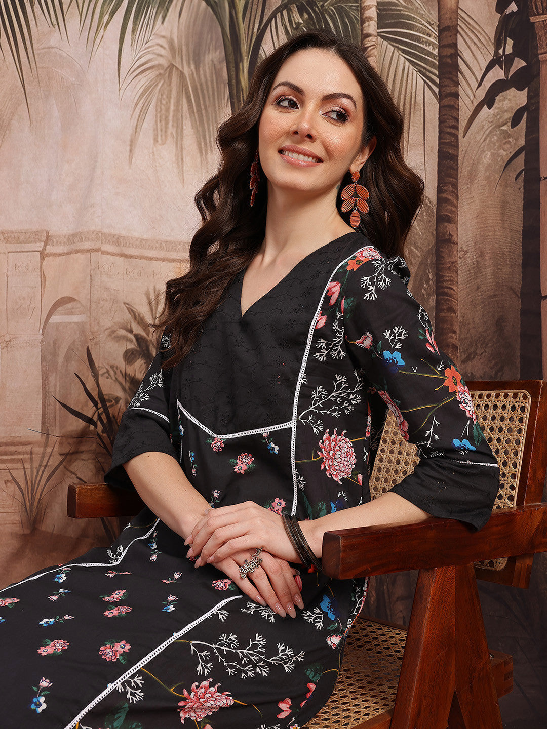 Women Floral Printed Detail Pure Cotton Kurta with Trousers - Amy's Cart