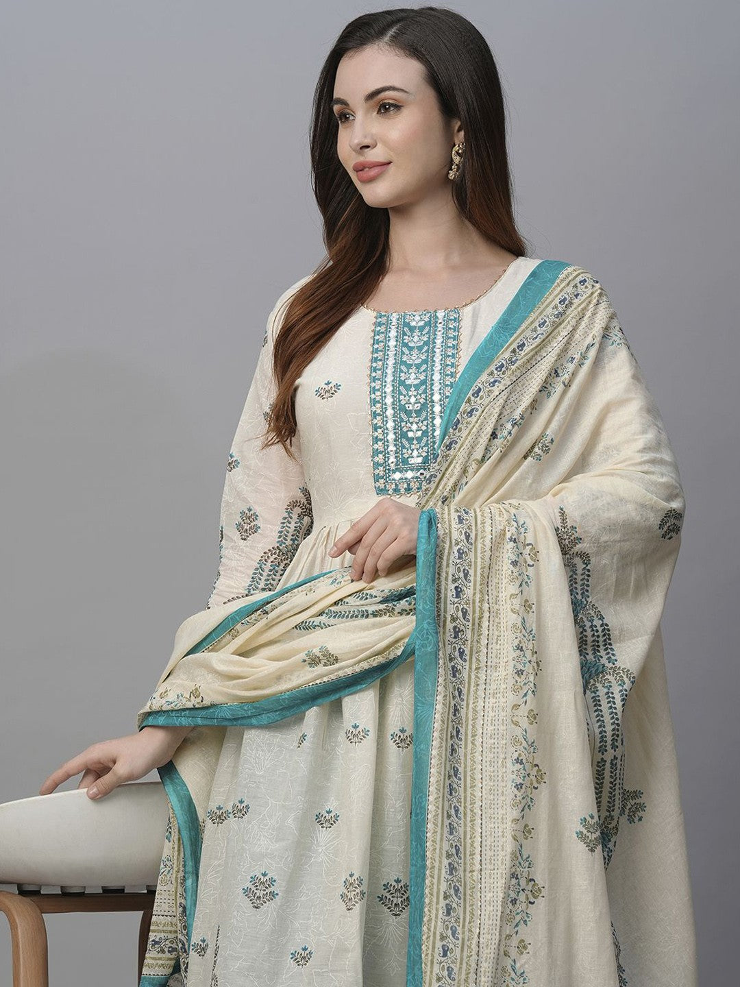 Women Ethnic Motifs Printed Angrakha Thread Work Pure Cotton Kurta with Trousers & With Dupatta