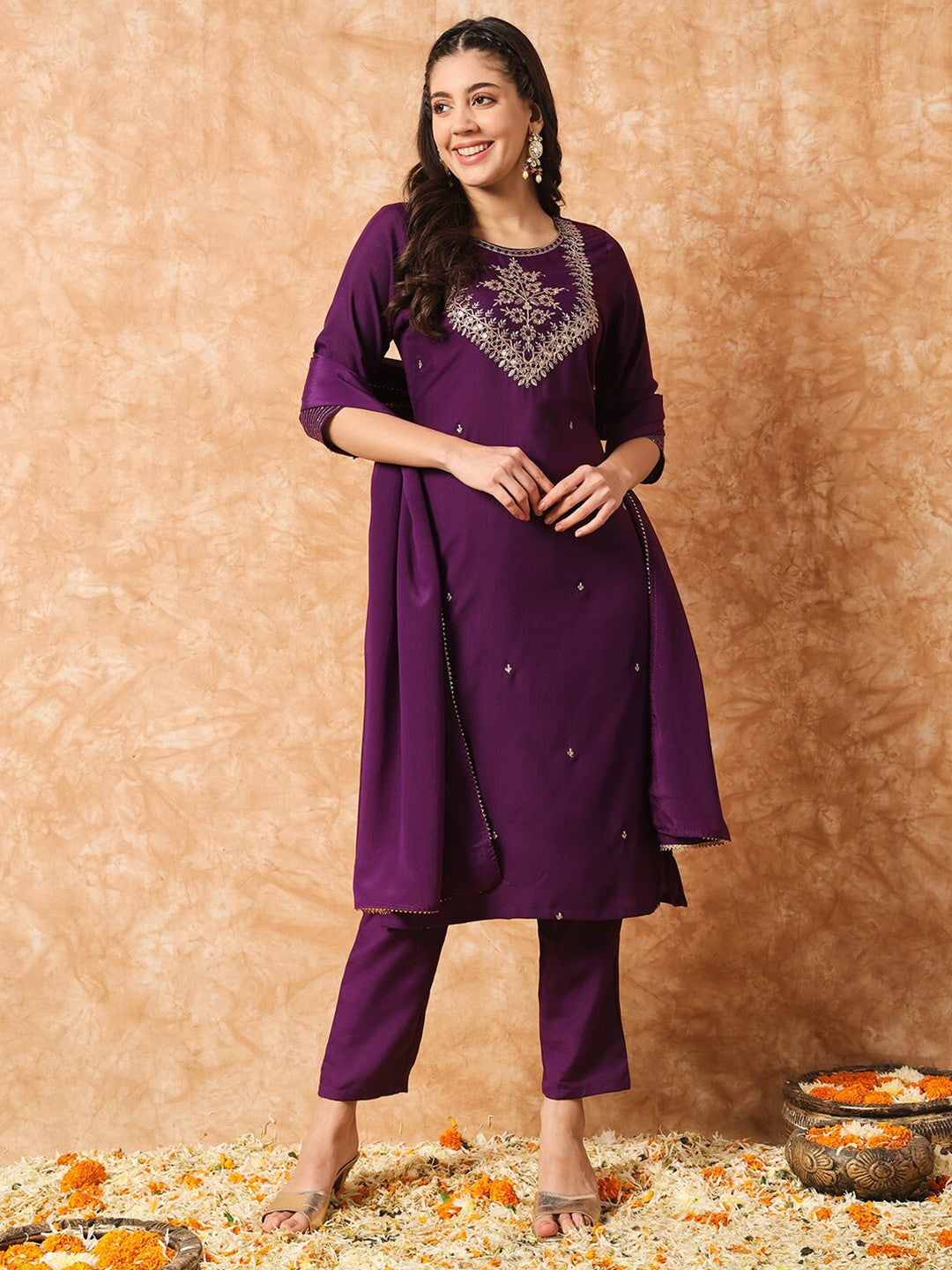 Ethnic Motifs Embroidered Straight Kurta & Trousers With Dupatta