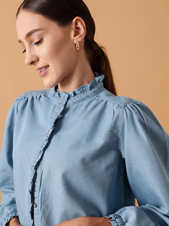 Comfort Denim Cotton Puff Sleeves Casual Shirt