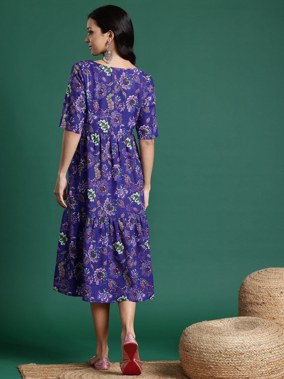 Floral Print Tiered Midi Ethnic Dress