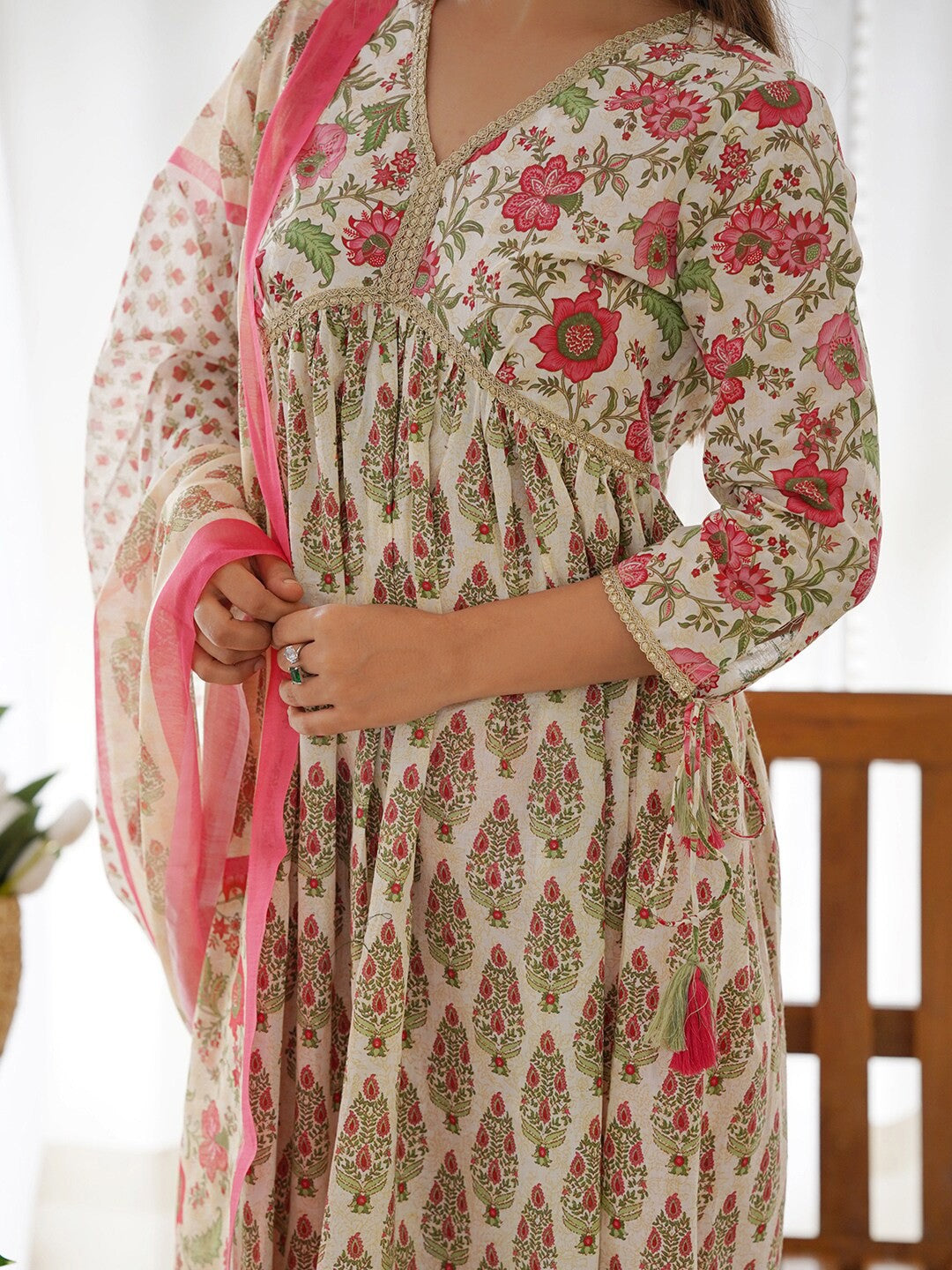 Floral Printed Thread Work Pure Cotton Empire Kurta With Trousers & Dupatta