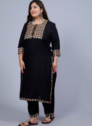 Women Plus Size Ethnic Motifs Embroidered Mirror Work Kurta with Trousers