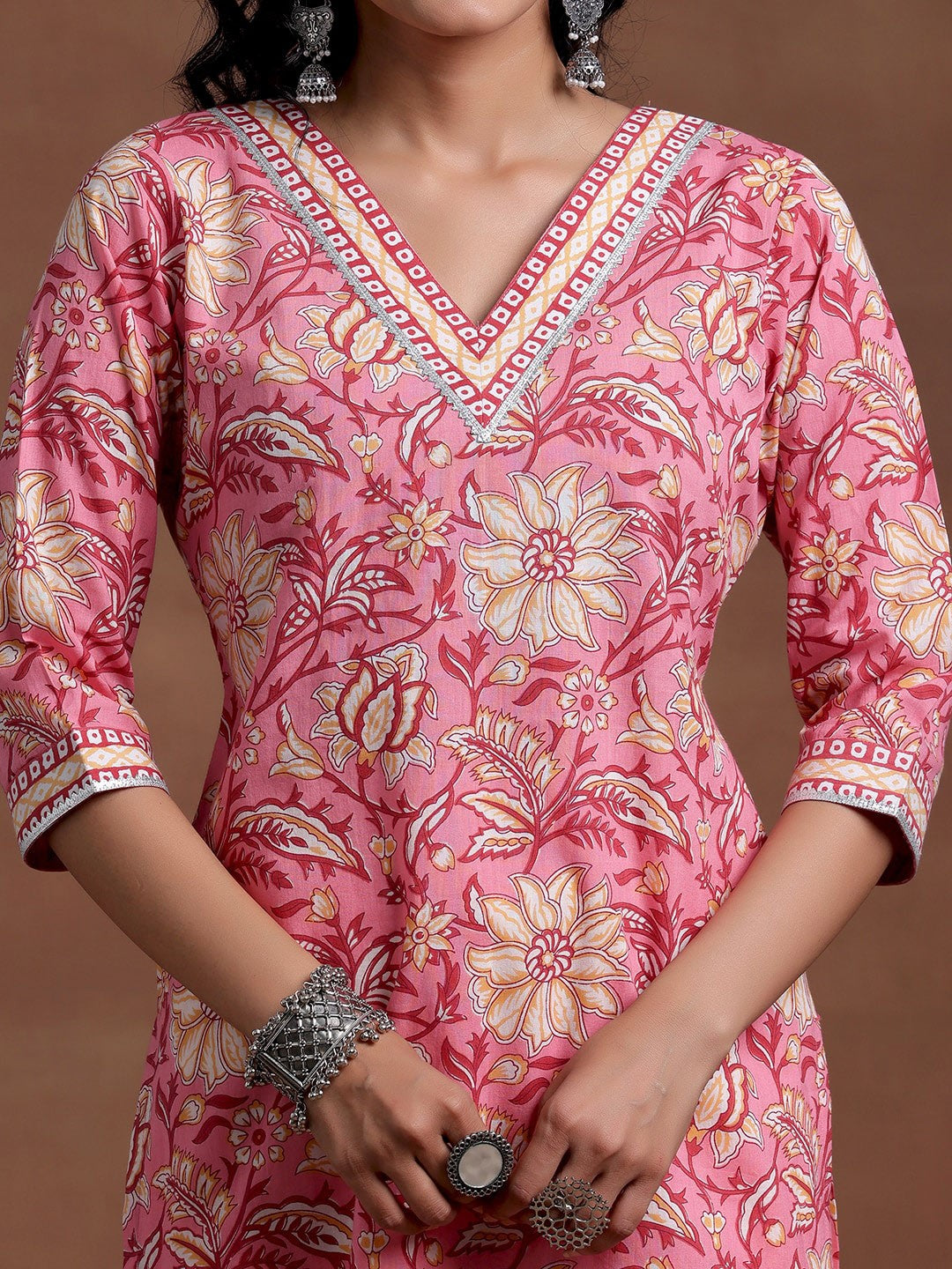 V Neck Floral Printed Gotta Patti Pure Cotton Straight Kurta with Palazzo & Dupatta