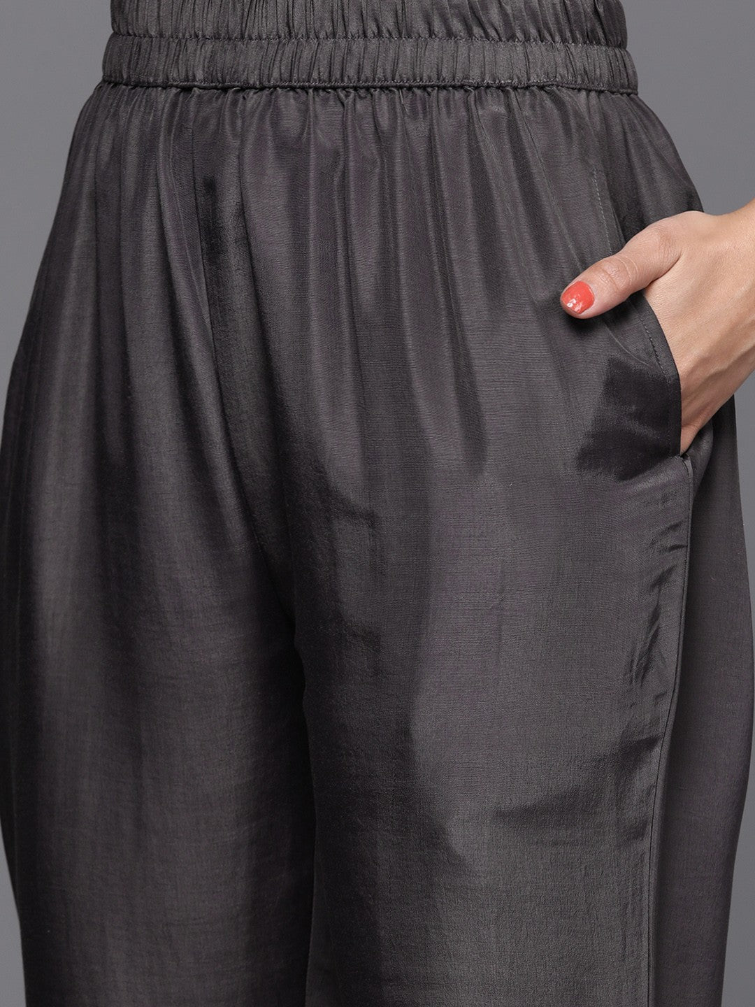 Women Charcoal Grey & Mustard Yellow Ethnic Zari Straight Kurta Trousers Dupatta