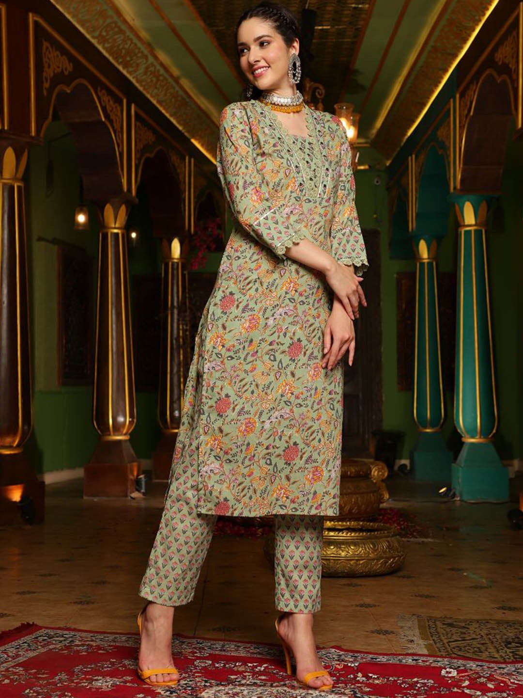 Floral Printed Pure Cotton Straight Kurta With Trouser & Dupatta